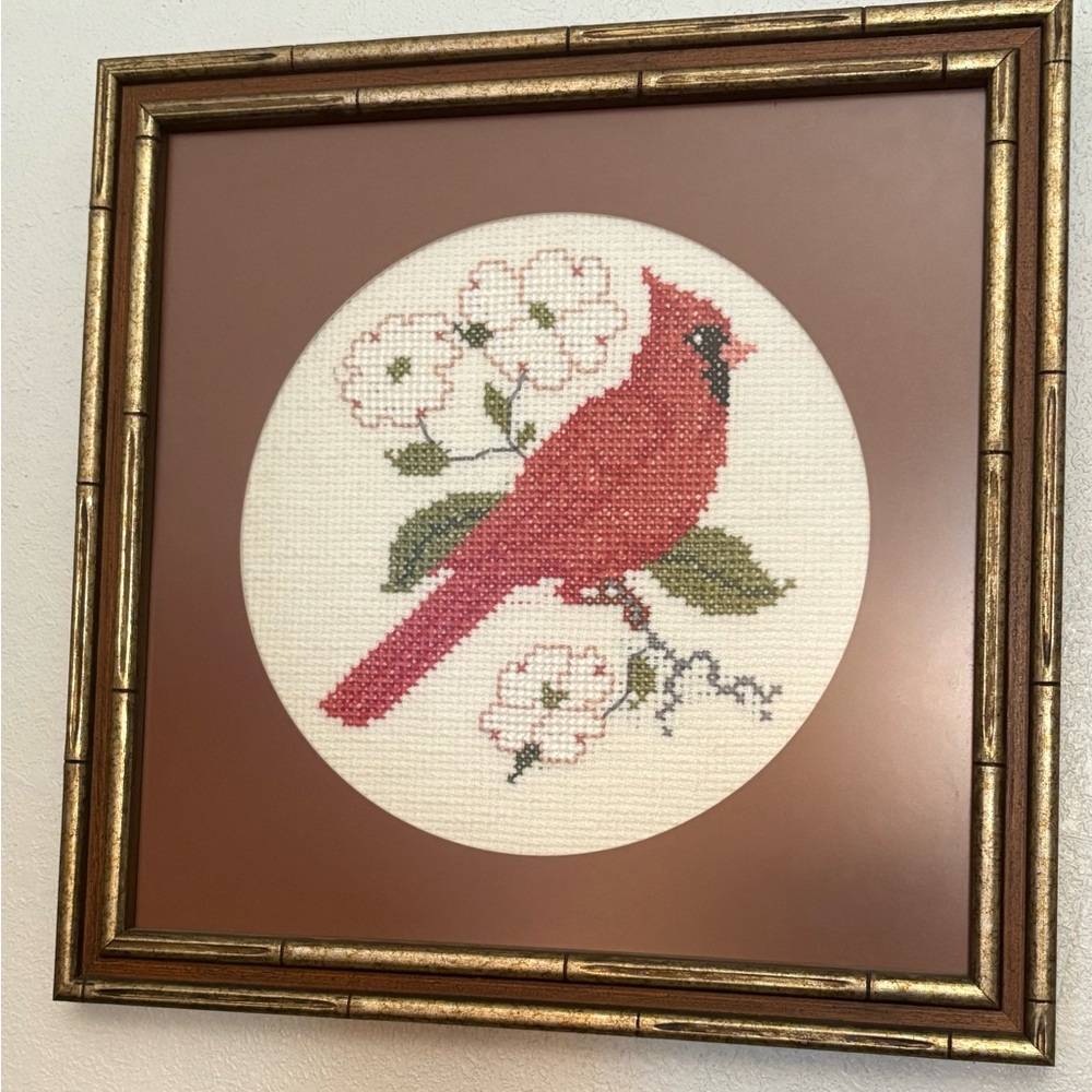 Vintage Elegant Red Cardinal Bird Embroidery Art needlepoint 16x16
